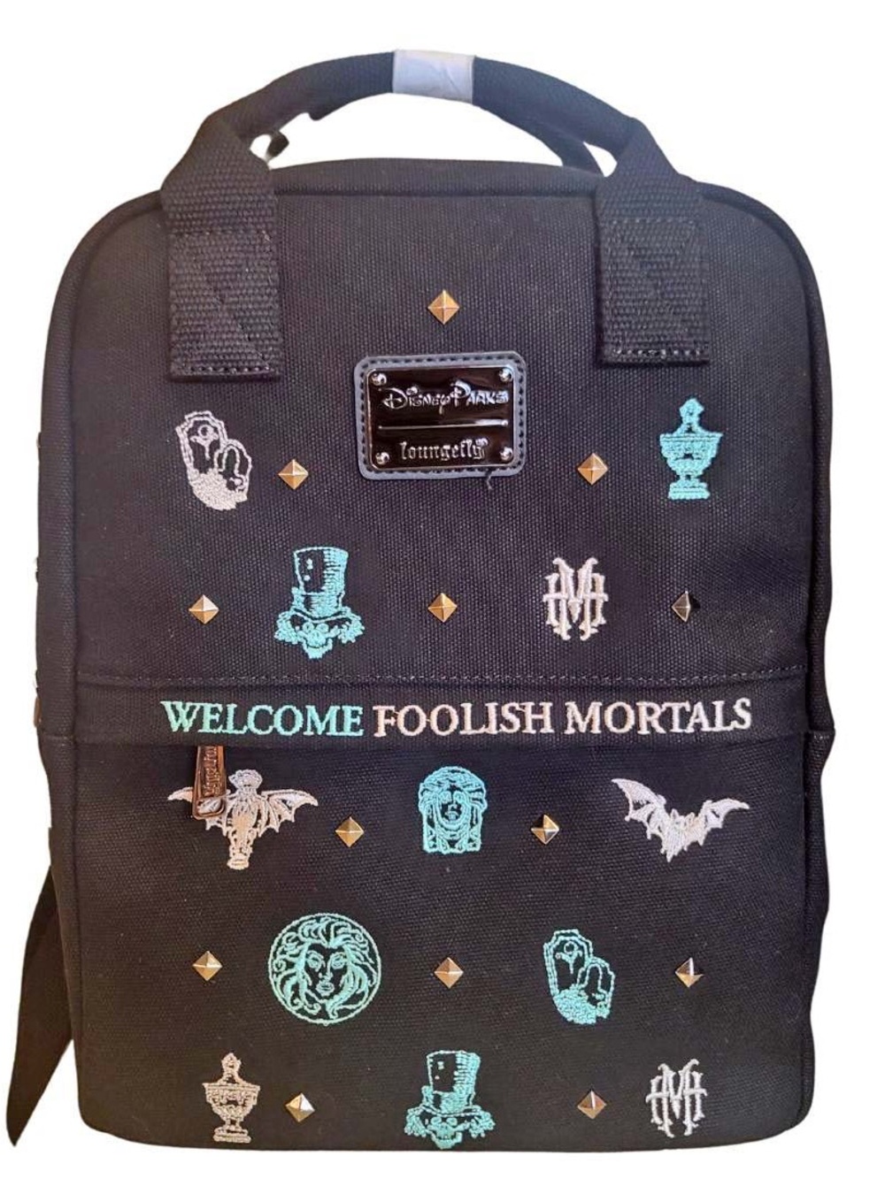 Loungefly Black Mini Backpack with Teal and White Haunted Mansion Embroidery